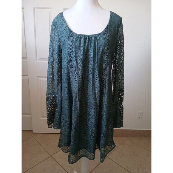 Sequin Hearts‎ Boho Mini Dress Women’s Green Medium Lace Bell Sleeve Bohemian - Picture 1 of 14